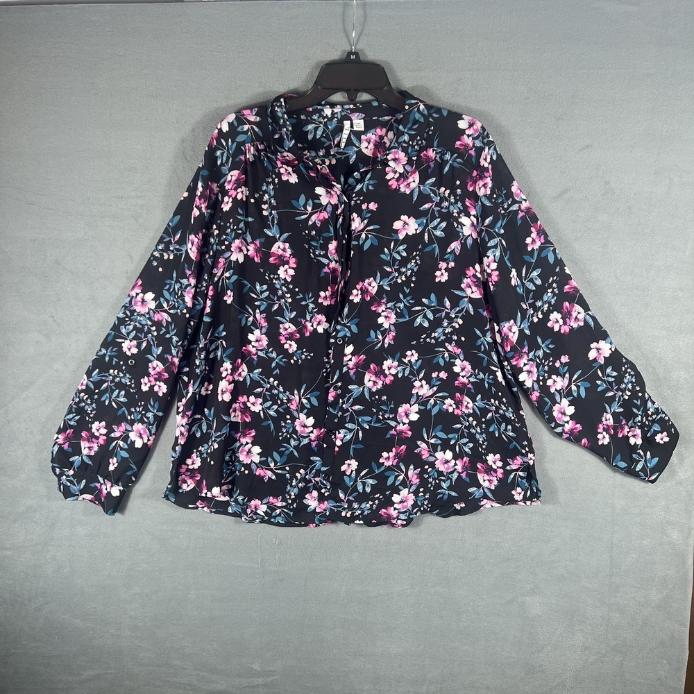 ELLE‎ Women's Floral Blouse Top XXL Black Pink Blue Long Sleeve Button Front
